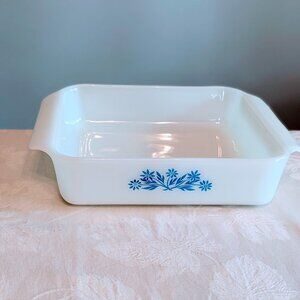 VTG Fire-King Anchor Hocking #435 Cornflower Blue Floral 8” Square Baking Dish